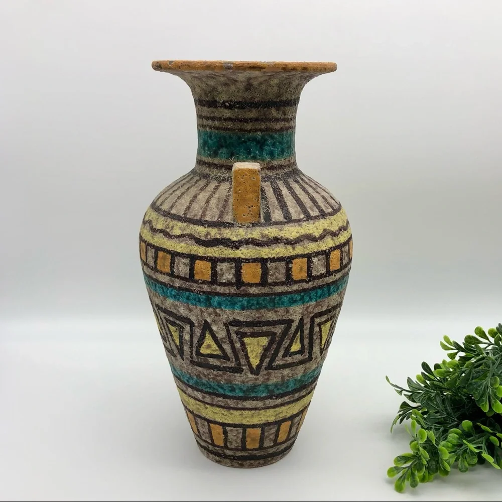Vintage Italian Lava Glaze Geometric Print Ceramic Clay Pottery Vase MCM Italy - Picture 2 of 12